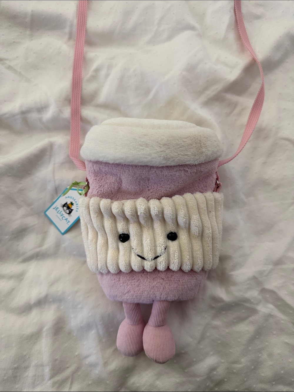 Jellycat Pink Coffee Cup Crossbody Bag with Cream Sleeve- NWT